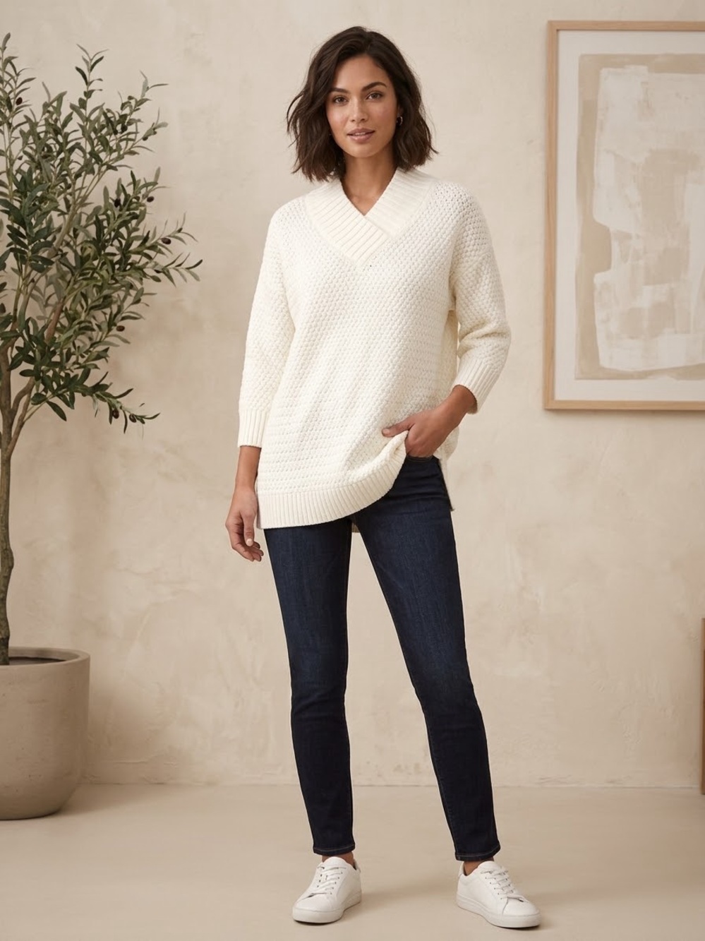 Talbots Textured Knit Pullover Sweater Overlapped Split Collar in Ivory Sz 1X